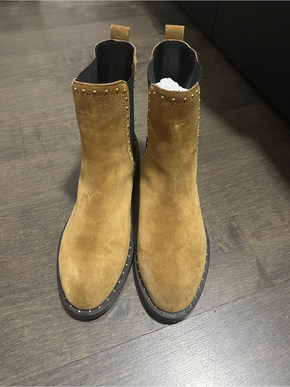 Rebecca Minkoff Mustard Suede Ankle Boots with Stud Trim